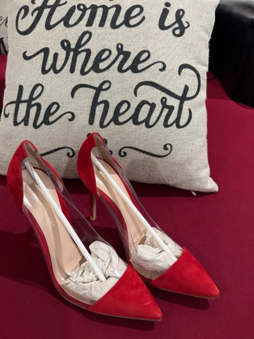 Gianvito Rossi Heels Red Suede Transparent PVC Pointed Toe Stiletto Pumps